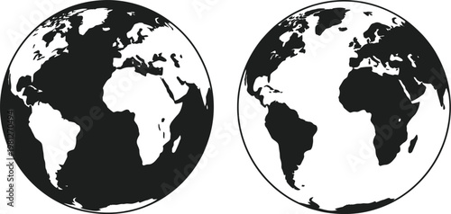 Black and white vector illustration of globe with two different views