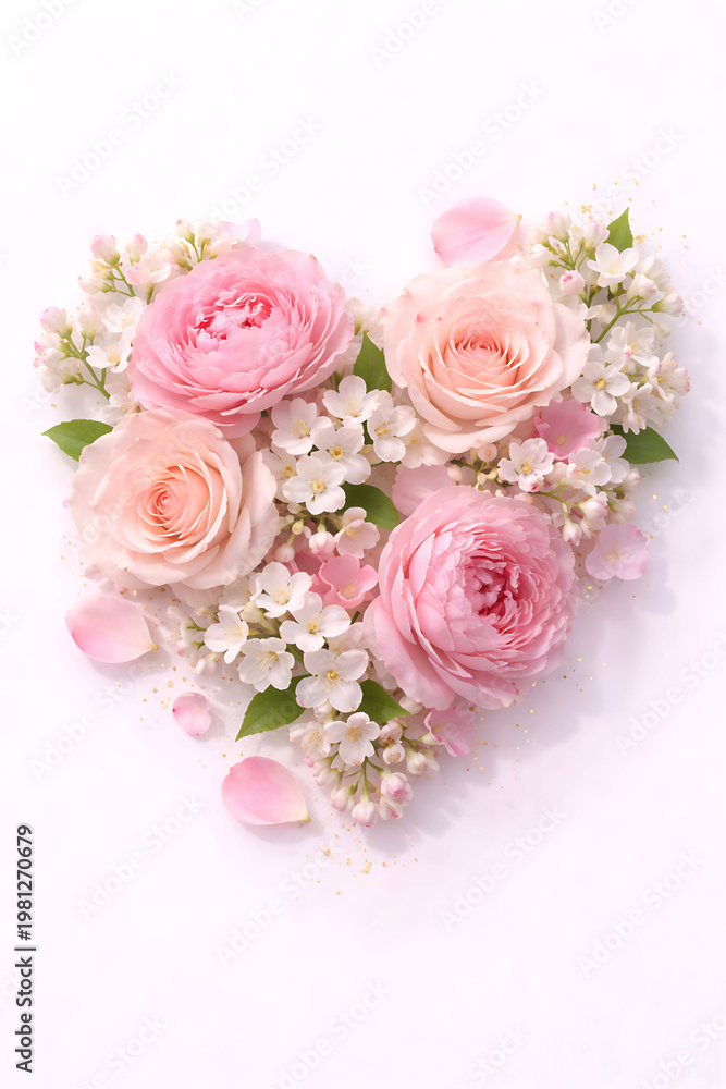 Obraz premium Beautiful pink roses and white flowers arranged in heart shape on white background
