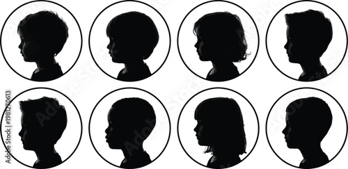 Children head silhouette icon set, kids profile faces in circle frames, boys and girls avatars in black shapes, minimalist people icons for school, app, logo and user profile design vector