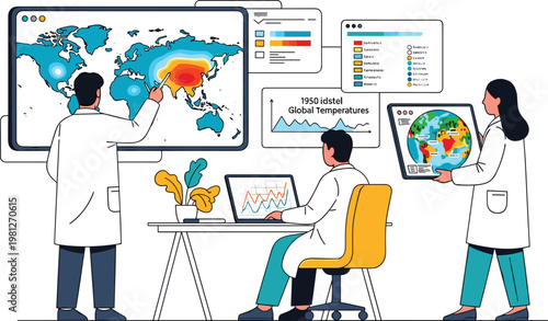 Scientists analyzing global warming data with temperature maps charts and climate research in modern laboratory workspace