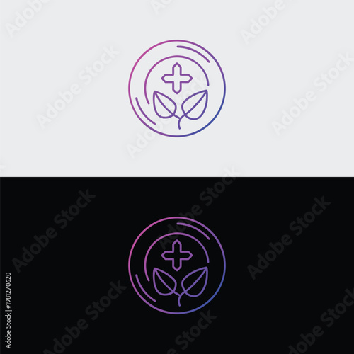 A modern minimalist line art logo features a health cross and two organic leaves enclosed within a perfect circle outline.