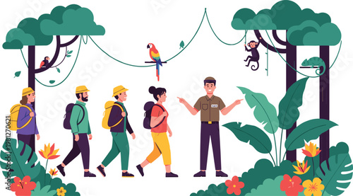 Group of hikers exploring tropical jungle with guide surrounded by wildlife monkeys parrots and lush forest nature scenery