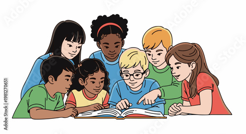 Diverse group of children gathered around, enthusiastically reading a book together