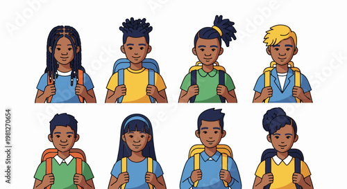 Diverse group of children wearing colorful backpacks, ready for adventure