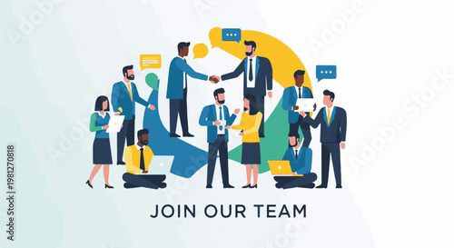 Diverse group of professionals collaborating and communicating with speech bubbles