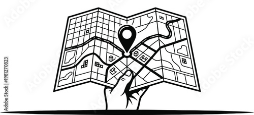 A hand holding an open map with a location pin on a specific spot isolated on white background, Vector