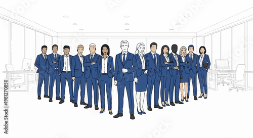 Diverse group of professionals in blue suits stand in a modern office