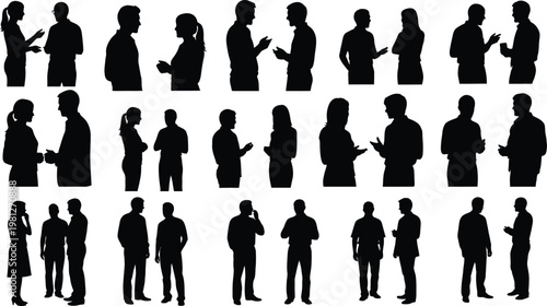 Diverse silhouettes of people engaging in various conversation and body language postures isolated on white background, Vector