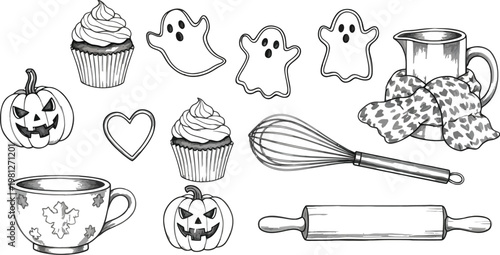 Halloween themed baking and decorating essentials illustration set. Vector