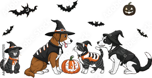 Halloween celebration with four adorable dogs dressed as witches and pumpkins Vector