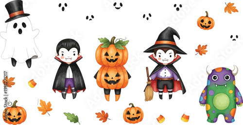 Halloween themed characters and decorative elements in playful cartoon style Vector