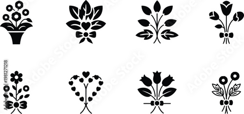 Flower Bouquet Valentine’s Day Icon Set Featuring Romantic Floral Symbols in Silhouette Style, Black Vector Illustration Isolated on White Background for Greeting Cards, Weddings, and Holiday Design P