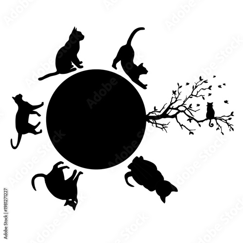 Black Cat Silhouettes Around Circle with Tree Branch Minimal Design
