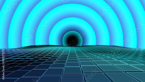 Background: 3D Neon Cube Corridor with circular patterns in blue, videotrons, advertising, gaming, virtual environments, music, digital billboards, virtual reality, live events, meeting