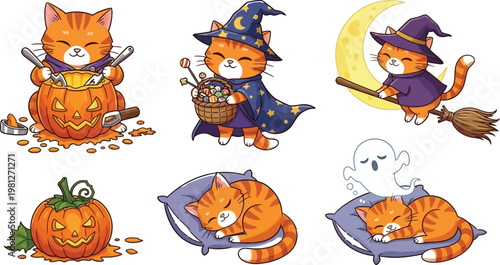 Whimsical halloween themed cats engaging in spooky and cozy activities Vector
