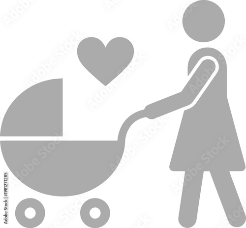 Vector graphic illustration of a woman pushing a baby stroller with a heart above it symbolizing love and care