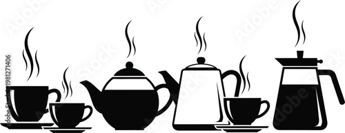 Classic tea brewing equipment display with steam Vector