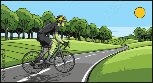 Cyclist on a sunny day rides on a winding road through green hills and trees