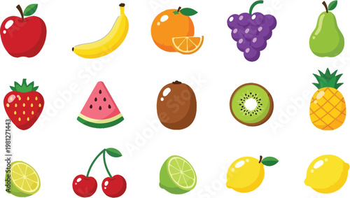 Colorful assortment of twelve different cartoon style fruits arranged neatly in rows Vector
