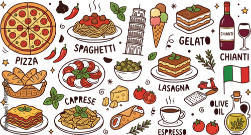 Italian Food Doodle Set – Pizza, Pasta, Gelato and Traditional Cuisine Illustration