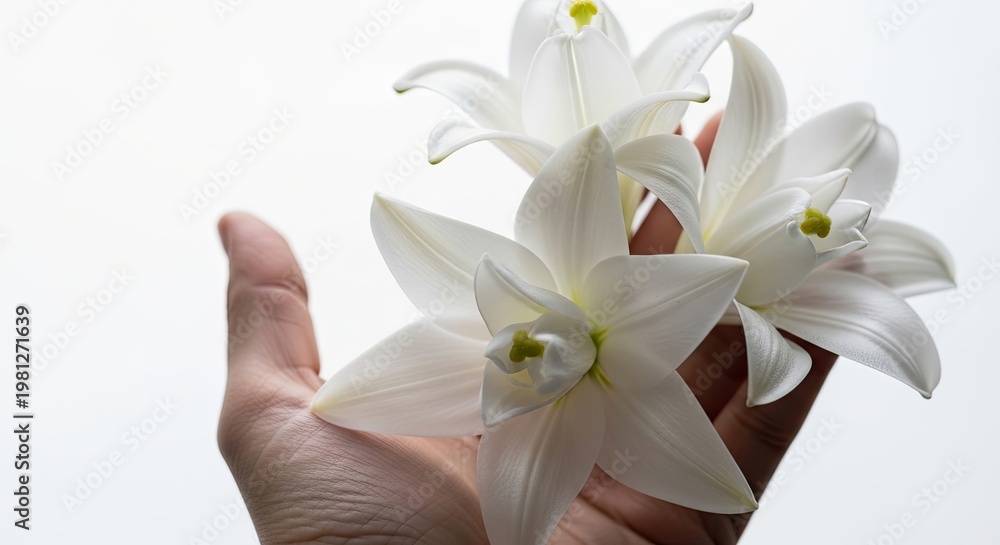 Fototapeta premium White lilies held gently in hand, symbolizing serenity and natural beauty. Fresh white lilies create a calming atmosphere, perfect for modern death care concepts and memorial settings.