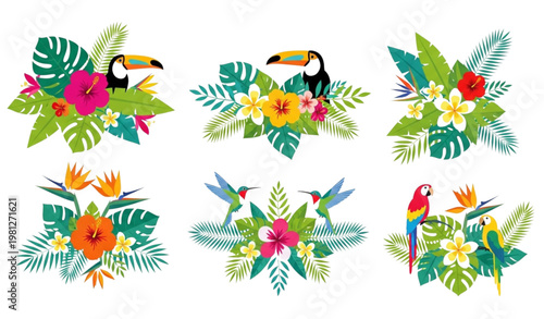 Tropical floral bird arrangement vector design for party invitations posters