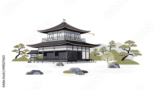 Kyoto Ginkakuji temple vector illustration harmony symbol Japan landmark