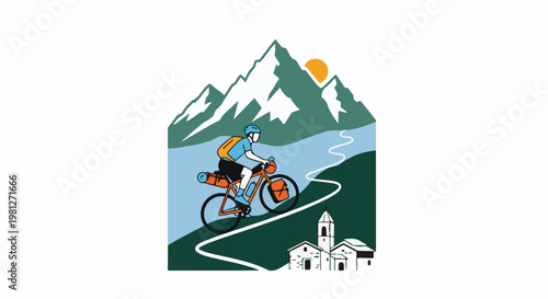 Cyclist rides past mountains and village under a bright sun