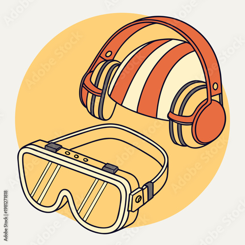 Outdoor adventure set with ski goggles and earmuffs vector illustration, winter sport and safety gear.