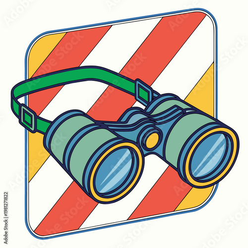 Military green binoculars with strap set against diagonal caution stripe background illustrated in retro comic book style for scouting missions.