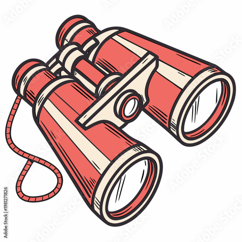 Vintage red and cream striped binoculars with leather strap for exploring nature and observing wildlife from afar.