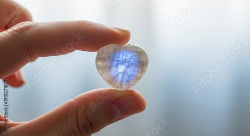 Hand holding heart-shaped moonstone with blue reflections illuminated by sunlight. Heart-shaped moonstone showcases unique light patterns and textures, symbolizing love and healing.
