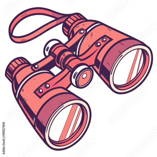 Red cartoon binoculars with strap isolated on white background illustrated in bold comic book style for adventure exploration scouting or birding.