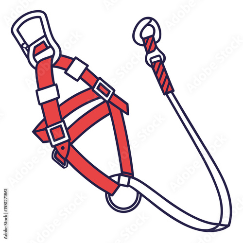 Safety harness equipment for fall protection worker personal protective gear with hook and lanyard isolated on white background.