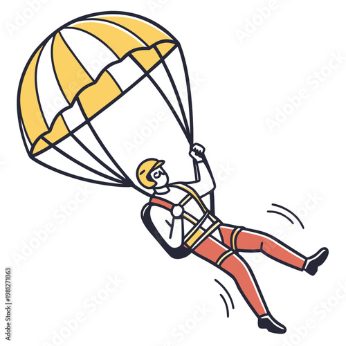 Skydiver descending with yellow and white striped parachute in flat vector style depicting extreme sports and outdoor recreational activity fun.