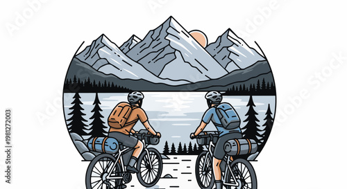 Cyclists enjoying a scenic mountain lake view with snowy peaks