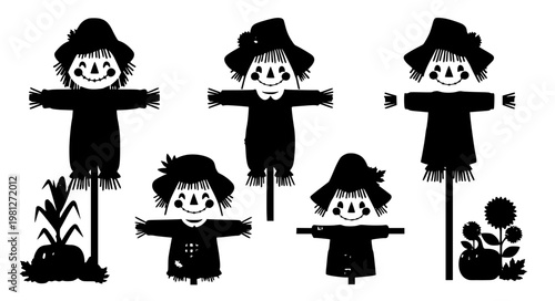 Stylized cute scarecrow rustic farm flat vector illustration set EPS10 isolated on white