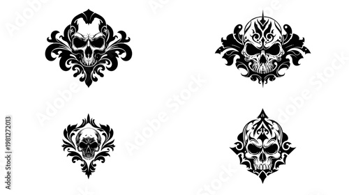Collection of ornamental skull motifs with floral tribal curves and symmetrical gothic details in black vector style isolated on white background