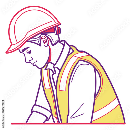 Obraz na plátně Illustration of young male construction worker wearing white hard hat and yellow safety vest looking down while planning at building site projects