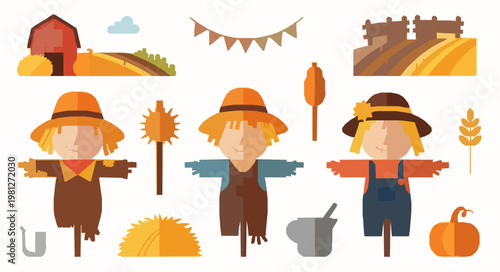 Cute scarecrow farm flat vector set rustic autumn character EPS10 isolated on white