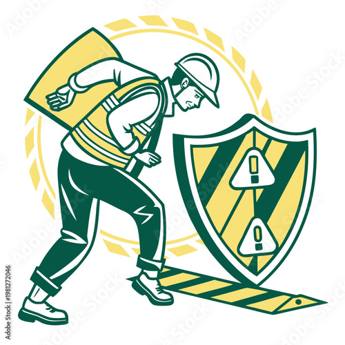 Active worker running with protective shield on yellow striped ground displaying warning signs representing speed and efficiency in safety protocols.