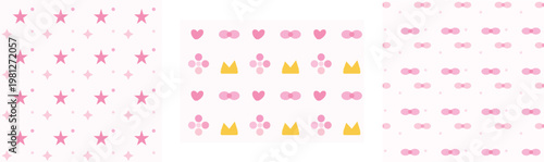 Cute pink seamless pattern set, 3 vector backgrounds with stars hearts and bows, whimsical nursery wallpaper collection for baby girls