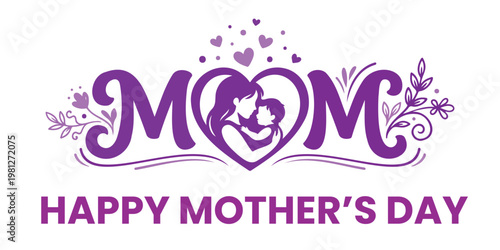 Mother and child silhouette with floral hearts, pink mom cradling baby line art, Mothers Day greeting card illustration isolated on white.