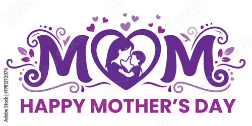 Mother and child silhouette with floral hearts, pink mom cradling baby line art, Mothers Day greeting card illustration isolated on white.