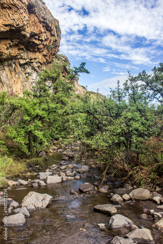 Cloud fill sky reflecting in a small stream in the Drakensberg Mountains, Golden Gate Highlands National Park, South Africa. 