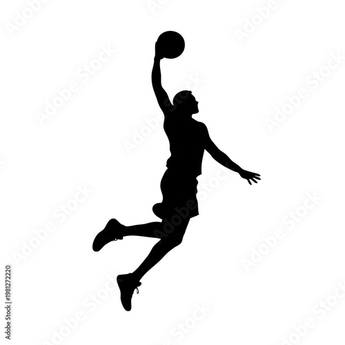 Silhouette of a basketball player jumping to dunk a ball