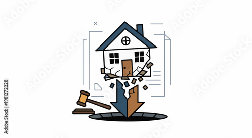 Damaged house falling into a hole, with a gavel nearby
