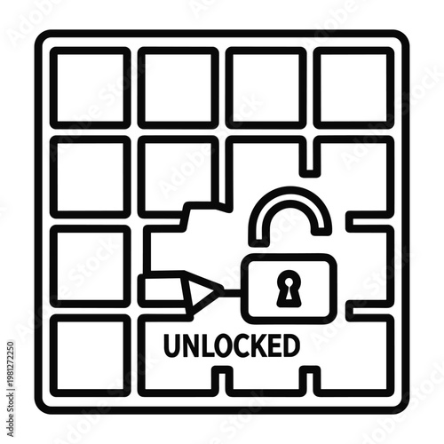 Unlocked puzzle grid with padlock and arrow