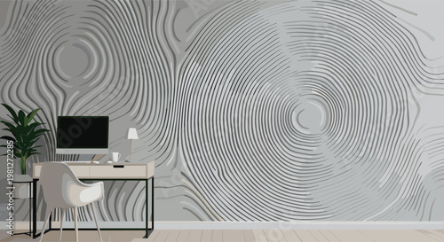 Modern Office Interior with Circular Abstract Wall Art, Desk, and Plant for Workspace and Home Office Design