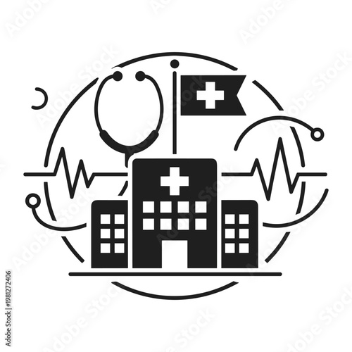 Hospital building with medical icons surrounding
